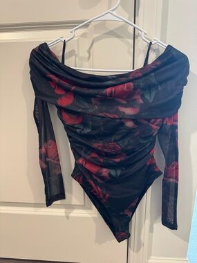 Hello Molly Black Mesh Off-Shoulder Bodysuit with Red Rose Print